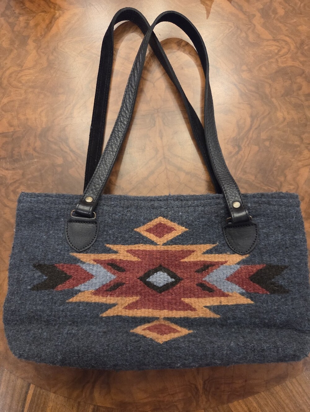 Wool Aztec Pattern Tote Bag - Navy and Rust - Picture 2 of 5